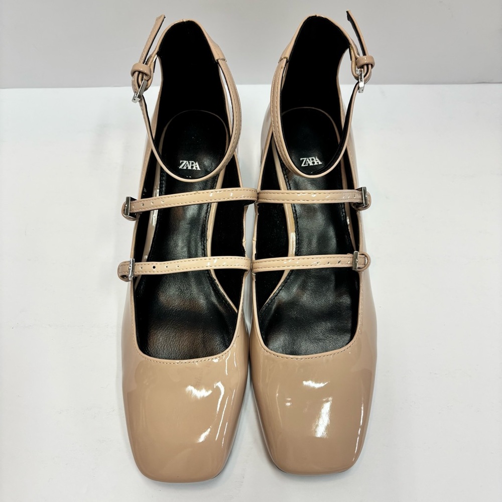 Zara Nude Patent Leather Multi-Strap Block Heel Square Toe Mary Jane’s Sz 8/EU38 - Picture 10 of 14